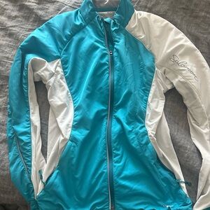 Salomon blue and white lightweight jacket